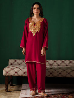 Kashmir Box - Golden Boti Tilla Embroidered Maroon Woollen Kurti And Pant
