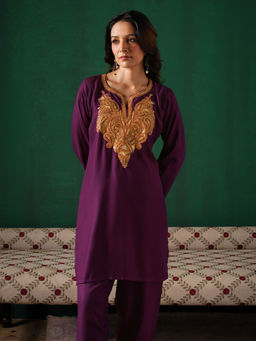 Kashmir Box - Golden Boti Tilla Embroidered Purple Woollen Kurti And Pant
