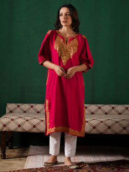 Kashmir Box - Golden Boti Tilla Embroidered Magenta Red Cashmilion Winter Kurta