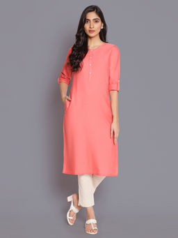 W - Peach Round Neck Solid Kurta