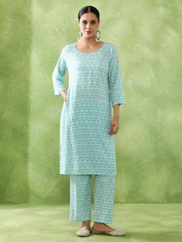 Jaipur Kurti - Women Blue Floral Viscose Rayon Kurta with Pant