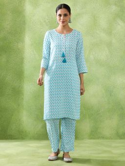Jaipur Kurti - Women Blue Floral Viscose Rayon Kurta with Pant