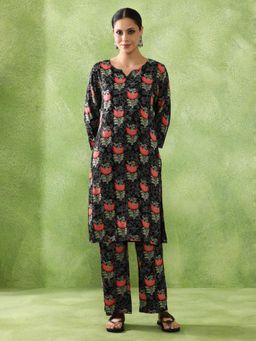 Jaipur Kurti - Women Black Floral Viscose Rayon Kurta with Pant