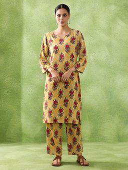 Jaipur Kurti - Women Yellow Floral Viscose Rayon Kurta with Pant