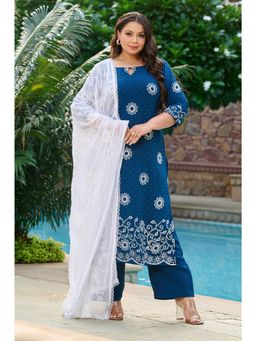 Desi Noor - Women Teal Embroidered Crepe Kurta with Pant and Dupatta