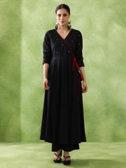 Jaipur Kurti - Women Black Embroidered Pure Cotton Angarkha Kurta with Palazzo