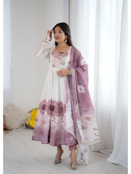 JATRIQQ - Women Pink Floral Organza Anarkali Kurta with Pant and Dupatta
