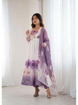 JATRIQQ - Women Purple Floral Organza Anarkali Kurta with Pant and Dupatta