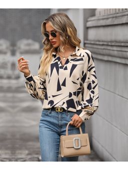 Outzidr - Beige Abstract Printed Collared Top