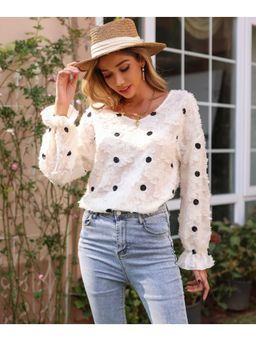 Outzidr - White Bishop Sleeve Textured Top