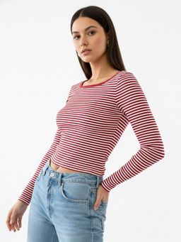 Outzidr - Red Boat Neck Fitted Striped Top