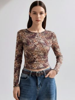 Outzidr - Brown Animal Printed Sheer Top