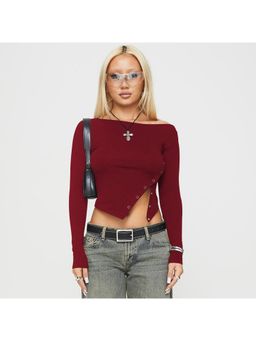 Outzidr - Maroon Full Sleeve Side Buttoned Crop Top