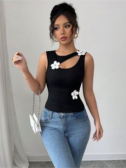 Outzidr - Black Neck Cut-Out Floral Embellished Top