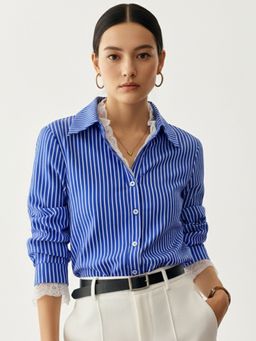 Outzidr - Blue Striped Shirt with Lace Inserts At Neck and Sleeves