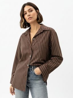 Outzidr - Brown Striped Oversized Single Pocket Shirt