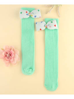 KIDLINGSS - Chequered & Heart Printed Bow Applique Knee Length Socks - Green