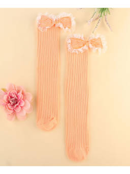 KIDLINGSS - Striped Bow Applique Knee Length Socks - Orange