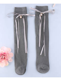 KIDLINGSS - Ribboned Knot Detailed Pearl Applique Knee Length Socks - Grey