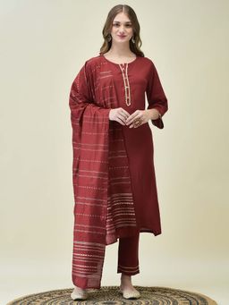 Shree - Women Liva Maroon Solid Gota Work Kurta with Pant and Dupatta (Set of 3)