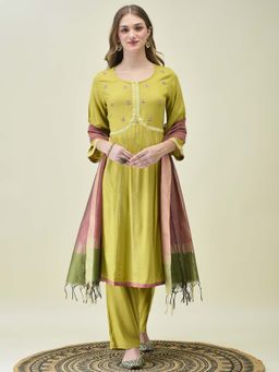 Shree - Women Liva Green Embroidered Flared Kurta with Pant and Dupatta (Set of 3)
