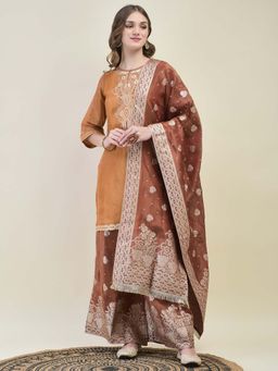 Shree - Women Brown Floral Woven Kurta with Palazzo and Dupatta (Set of 3)