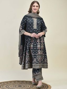 Shree - Women Liva Grey Floral Print Flared Kurta with Palazzo and Dupatta (Set of 3)