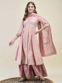 Shree - Women Liva Pink Floral Print Kurta with Flared Palazzo and Dupatta (Set of 3)