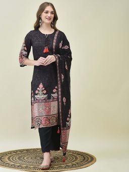 Shree - Women Muslin Black Floral Print Kurta with Pant and Dupatta (Set of 3)