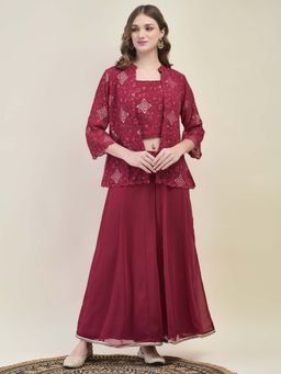Shree - Pink Embroidered Crop Top with Jacket and Flared Palazzo (Set of 3)