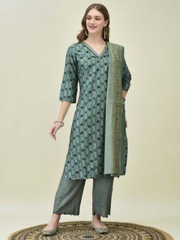 Shree - Women Muslin Teal Floral Print Kurta with Pant and Dupatta (Set of 3)
