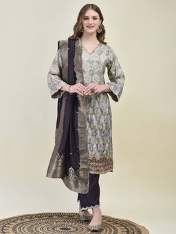 Shree - Women Grey Floral Woven Kurta with Pant and Dupatta (Set of 3)