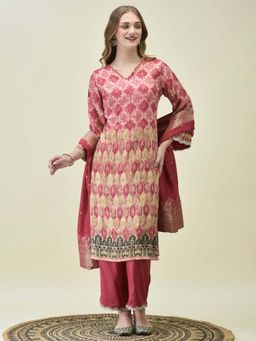 Shree - Women Pink Floral Woven Kurta with Pant and Dupatta (Set of 3)