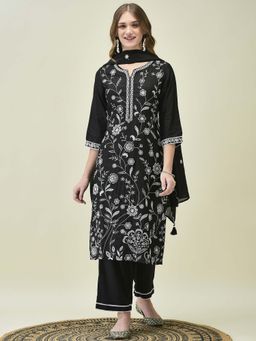 Shree - Women Black Floral Embroidered Kurta with Pant and Dupatta (Set of 3)