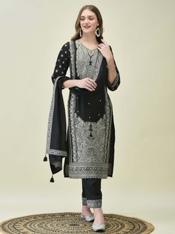 Shree - Women Dola Jacquard Black Woven Kurta with Pant and Dupatta (Set of 3)