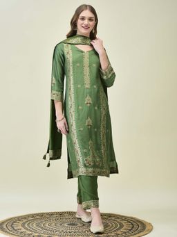 Shree - Women Dola Jacquard Olive Woven Kurta with Pant and Dupatta (Set of 3)