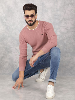 CRIMSOUNE CLUB - Pink Solid/Plain Slim Fit Sweater