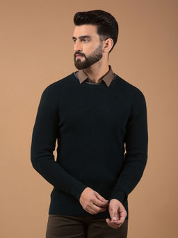 CRIMSOUNE CLUB - Green Solid/Plain Slim Fit Sweater