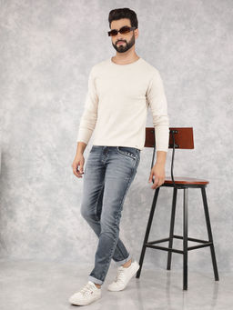 CRIMSOUNE CLUB - Beige Self Design Slim Fit Sweater