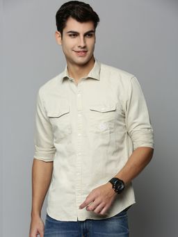 SHOWOFFFF - Mens Spread Collar Beige Solid Shirt