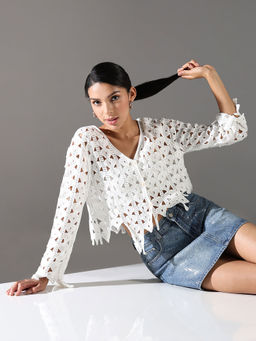 SHOWOFFFF - White Self Design Crop Top