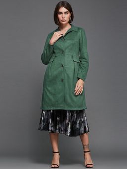 Miss Chase - Women's Dark Sage Shirt Collar Full-Sleeve Knee-Long Jacket
