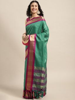 Vastranand - Green Checked Zari Pure Silk Gadwal Saree with Unstitched Blouse