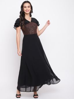 Latin Quarters - Black Sequin Maxi Dress with Ruffles & Pleats