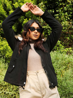 Campus Sutra - Womens Zip-Front Jacket with Fur Details