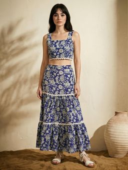Globus - Blue Floral Print Square Neck Lace Insert Co-Ord Set