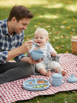 BabyStreet - Blue Silicone Travel Meal Time Essentials 3 Pcs Feeding Set (6-12 Months)