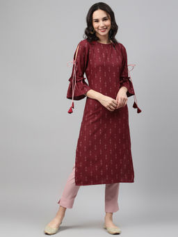 Ziyaa - Women's Maroon Colour Screen Print Straight Kurta