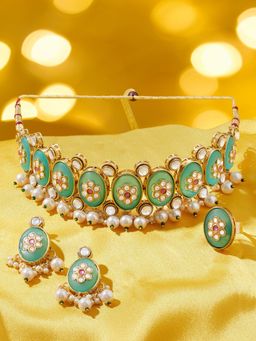 Zaveri Pearls - Green and Pink Stones Beads Choker Jewellery Set