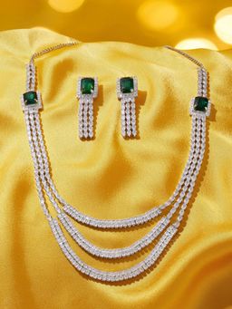 Zaveri Pearls - Green Stones Diamonds Layered Necklace and Earrings Set